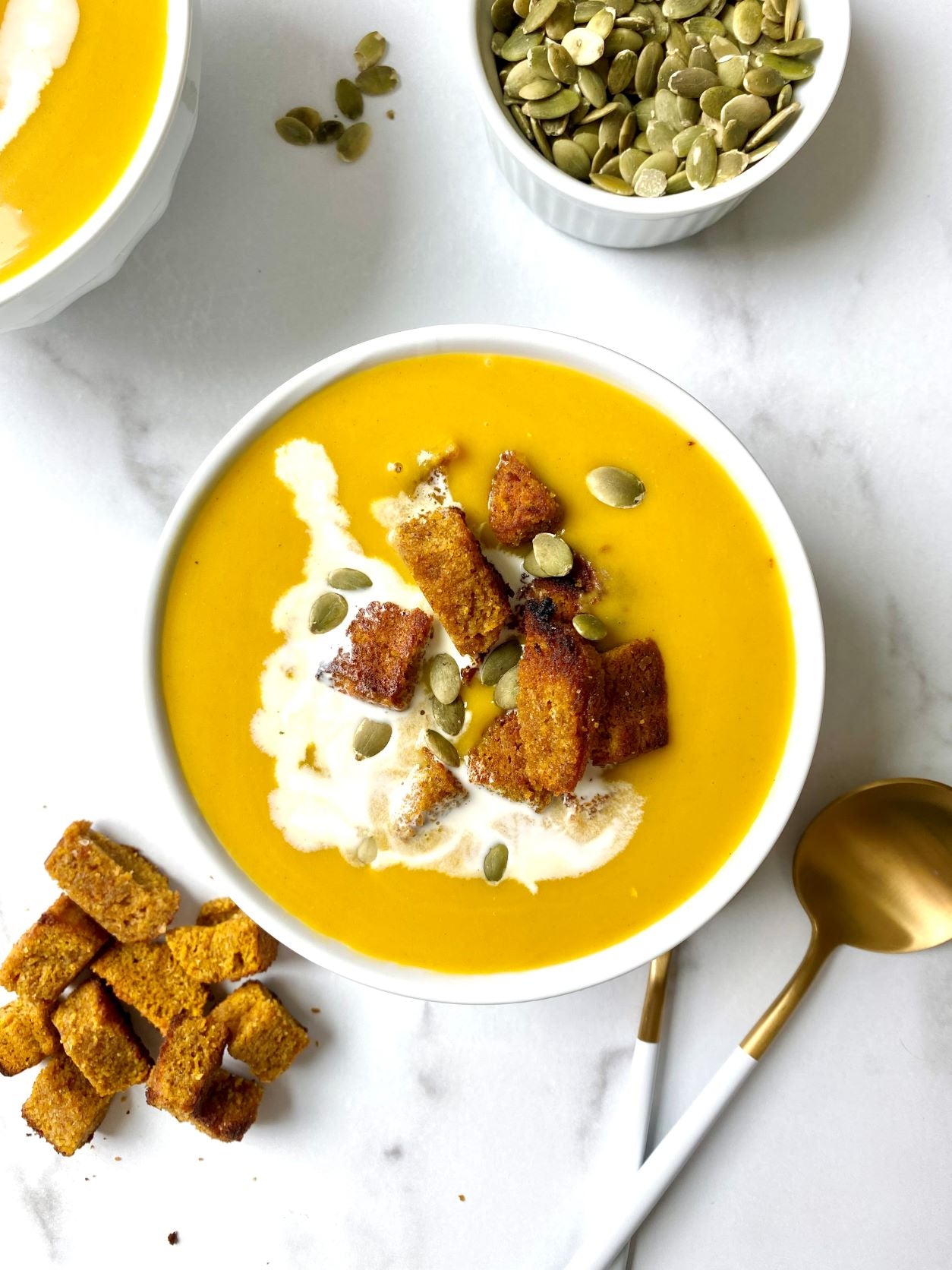 Butternut Squash and Pumpkin Soup with Keto Pumpkin Bread Croutons