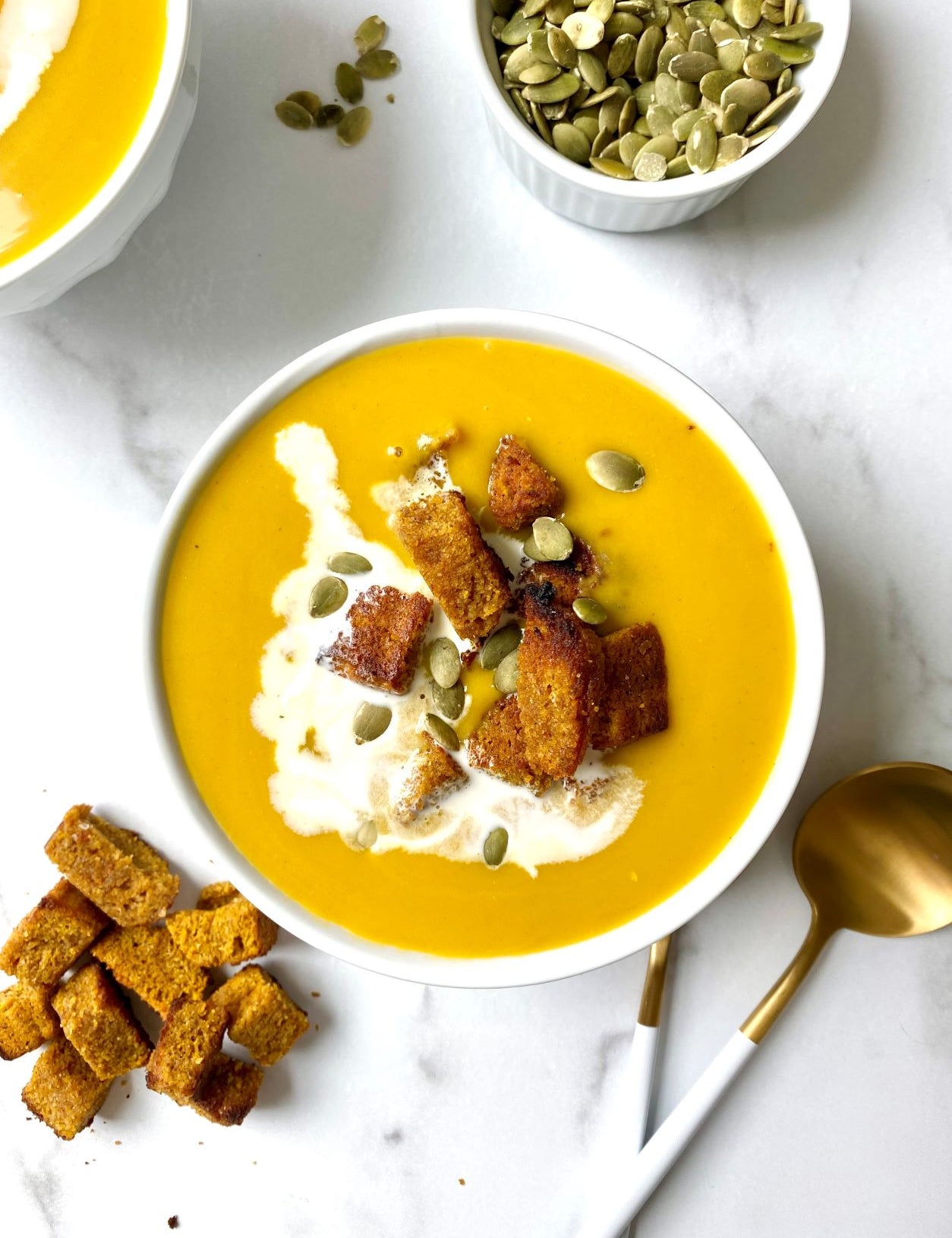 Butternut Squash and Pumpkin Soup with Keto Pumpkin Bread Croutons