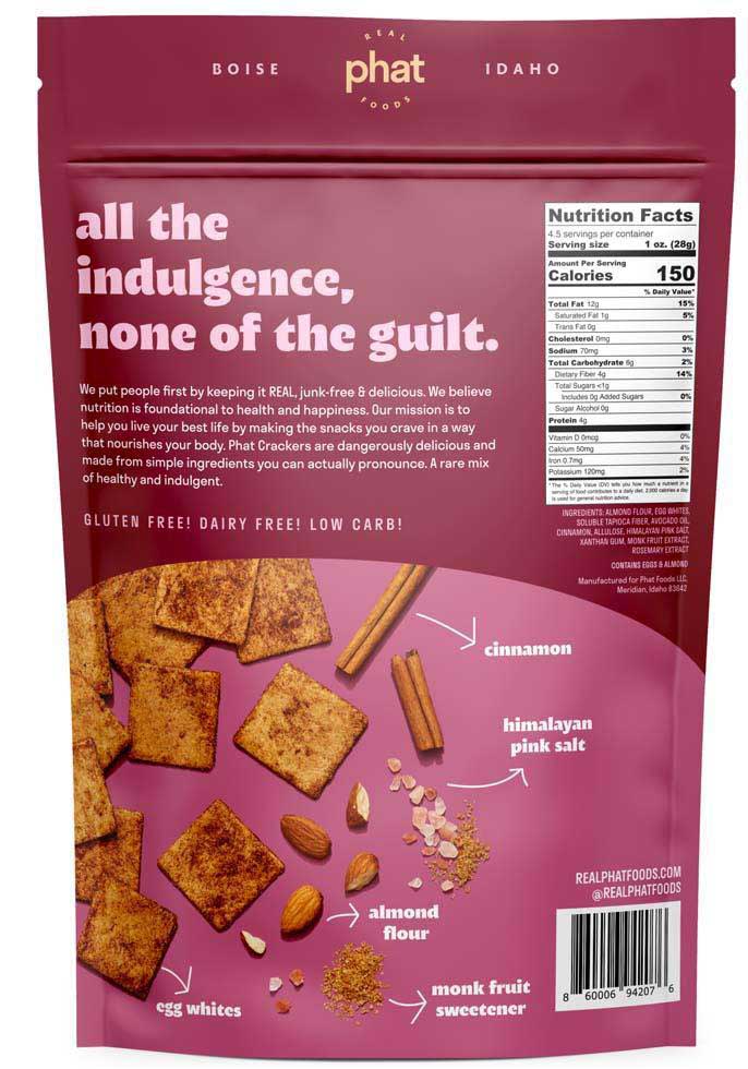 Real Phat Foods Almond Flour Crackers in Sweet Cinnamon Crunch flavor back of package 